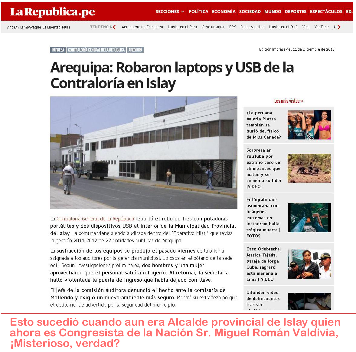 Contraloria, laptops se perdieron, 2012, Municipalidad provincial Islay, Miguel Roman Valdivia, Alcalde
